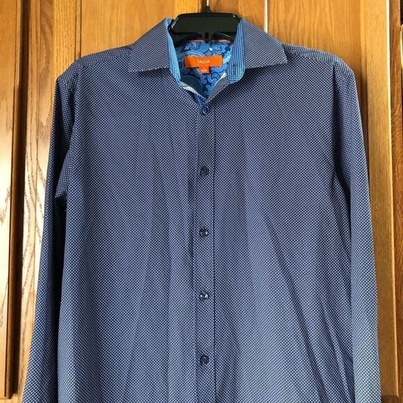 Tallia Navy Blue & White Polka Dot Button Front Paisley Flip Cuff Shirt - S - Picture 3 of 13